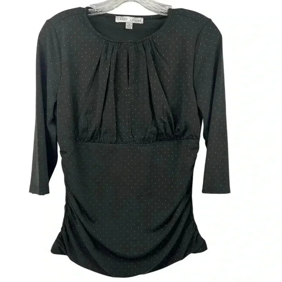 Larry Levine Women's M Black Polka Dot Blouse Flowy Keyhole Gathered Sides - Picture 1 of 14